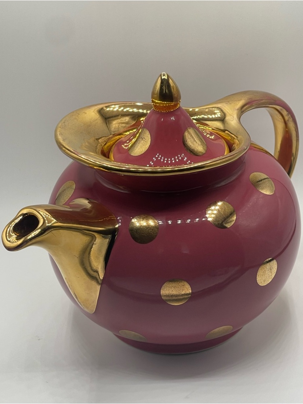 Hall China Company: Windshield Teapot Raspberry Pink with Gold Polka Dot Pattern